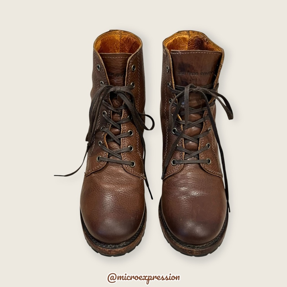 $415 Frye Sabrina 6G Cognac Brown Leather Laced Combat Chunky Heeled Ankle Boots - Picture 10 of 15